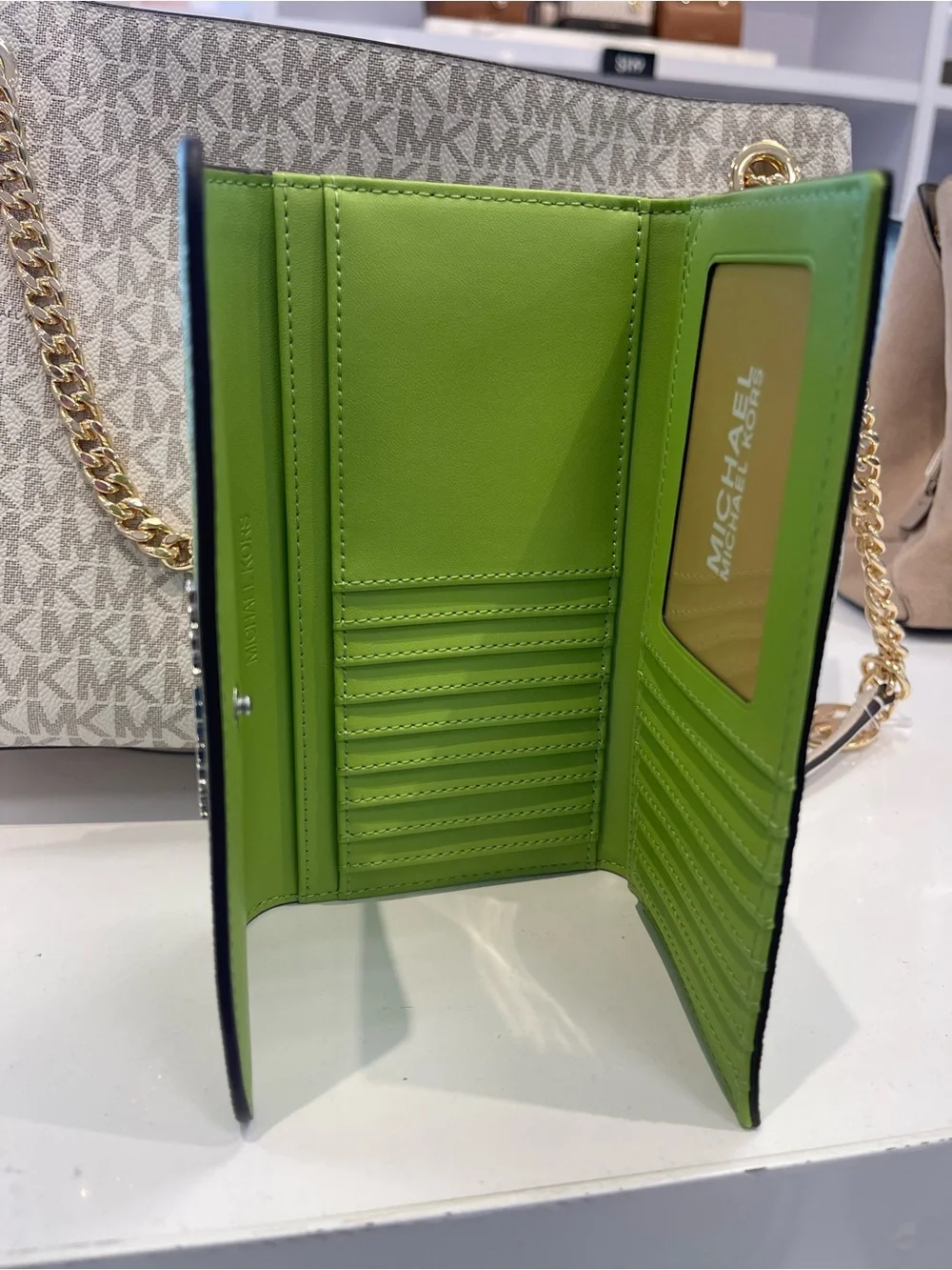 Michael KORS Jet Set Large Signature Logo Tri-Fold Wallet Trifold Lime NWT